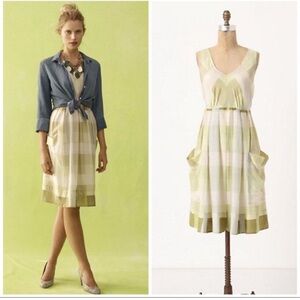 Anthropologie Maeve Inwood Silk Green Plaid Dress